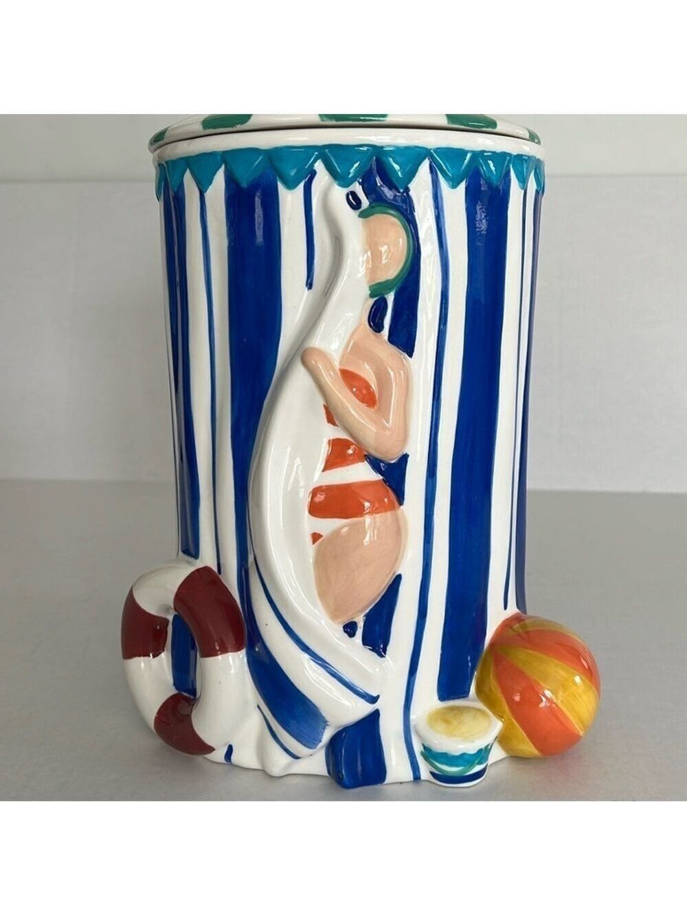 Vintage Enesco Daniel Dela Cruz Beach Cabana Cookie Jar Pool Party Summer Decor - Picture 2 of 16